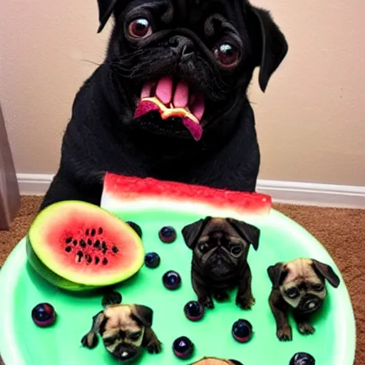 Image similar to pug in heaven eating watermelon in the style of michaelangelo