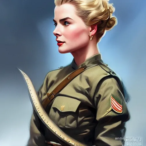 Image similar to Grace Kelly as a US Army Soldier, western, D&D, fantasy, intricate, elegant, highly detailed, digital painting, artstation, concept art, matte, sharp focus, illustration, art by Artgerm and Greg Rutkowski and Alphonse Mucha