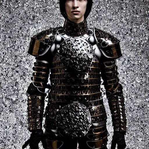 Prompt: a portrait of a beautiful young male wearing an alexander mcqueen armor made of meteorites , photographed by andrew thomas huang, artistic