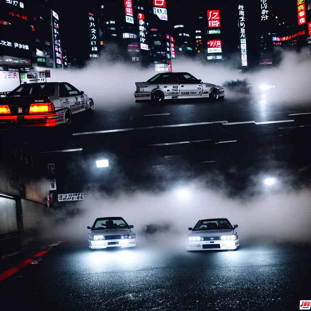 Image similar to JZX90 twin turbo drift in Shibuya, misty night