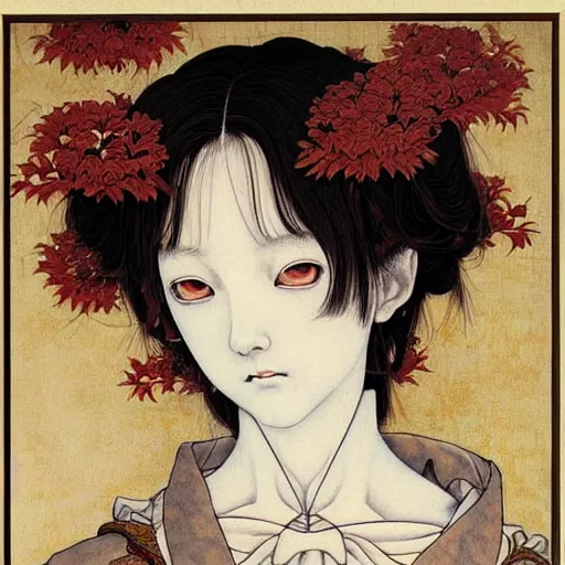 Image similar to prompt: Portrait painted in renaissance style drawn by Katsuhiro Otomo and Takato Yamamoto, inspired by Fables, china doll face, smooth face feature, intricate oil painting, high detail, sharp high detail, manga and anime 2000