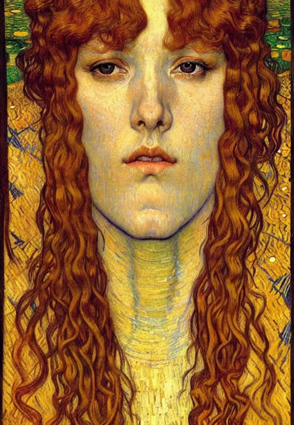 Image similar to detailed realistic beautiful young medieval queen face portrait by jean delville, gustav klimt and vincent van gogh, art nouveau, symbolist, visionary, gothic, pre - raphaelite, muted earthy colors, desaturated