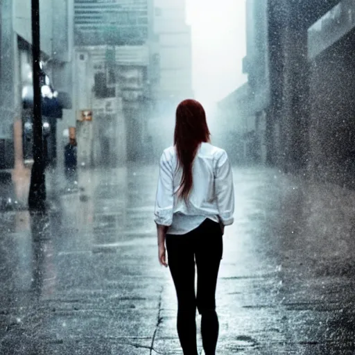 Image similar to a beautiful photo of a young woman in a white shirt in the rain outside in the street in a cyberpunk city