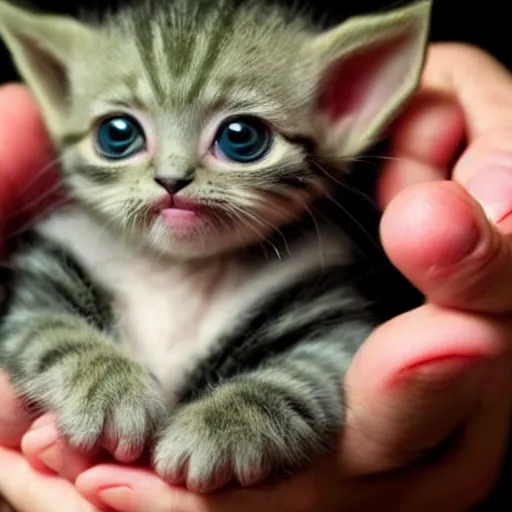 Image similar to a cute baby yoda-kitten hybrid in the palm of a person's hand and a real kitten in the other hand