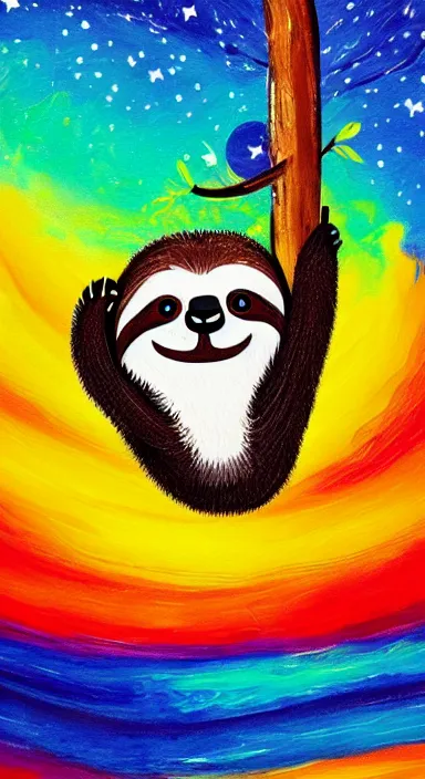 Image similar to abstract painting, a cute sloth hanging on a tree on a beautiful night with stars, made of beautiful colored thick flowing dramatic brush strokes, impressionist, matte colors, trending on artstation