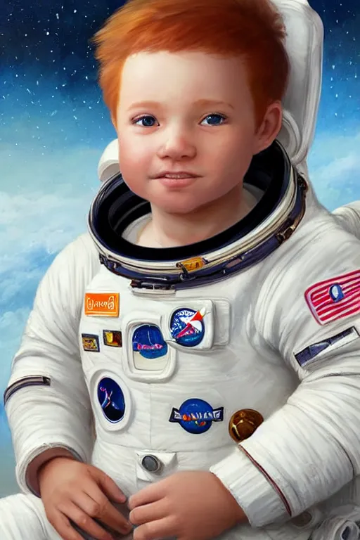 Image similar to a little boy with a cherubic michievous face and ginger hair. he is an astronaut, wearing a space suit. clean elegant painting, beautiful detailed face. by raymond swanland and artgerm and greg rutkowski