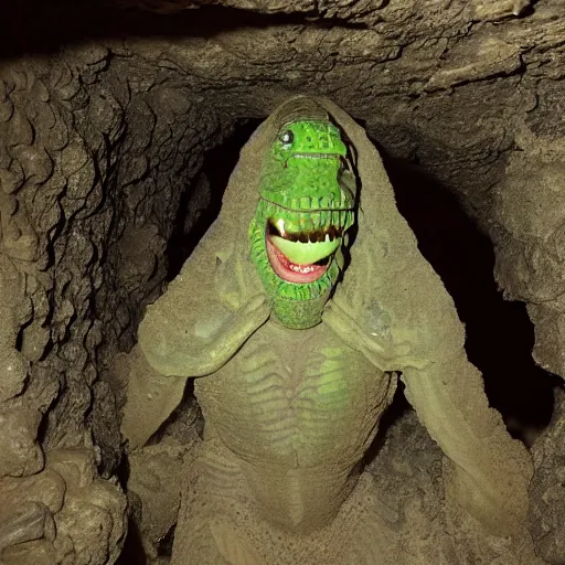 Prompt: photo inside a cavern of a humanoid with lizard skin and a mouth with sharp tooth and black eyes