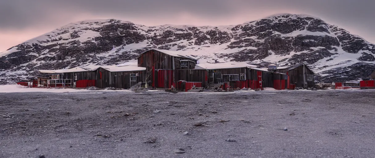 Image similar to a high quality color extreme closeup depth of field creepy hd 4 k film 3 5 mm photograph vista point pov of mcmurdoch station in antarctica at the beginning of sunset