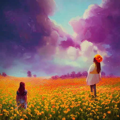 Image similar to girl with a flower face, surreal photography, dream, standing in flower field, magical, in a valley, sunrise dramatic light, impressionist painting, colorful clouds, artstation, simon stalenhag, flower as face