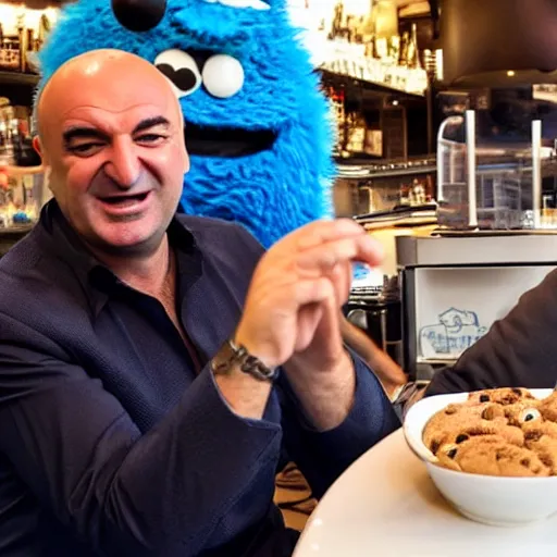 Image similar to lebanese Kevin O'leary talking with cookie monster, in a café