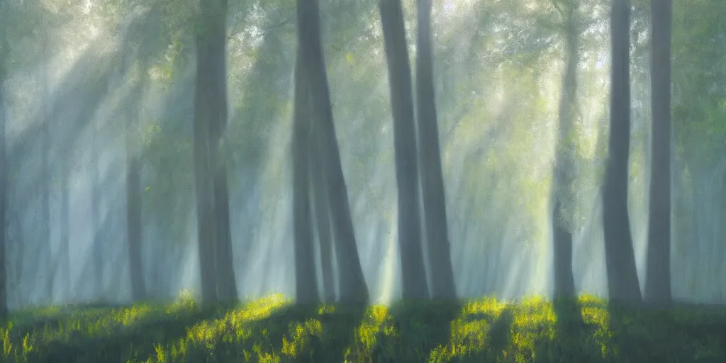 Prompt: An oil painting of an intensely beautiful forest in the morning; rays of light coming through the canopy