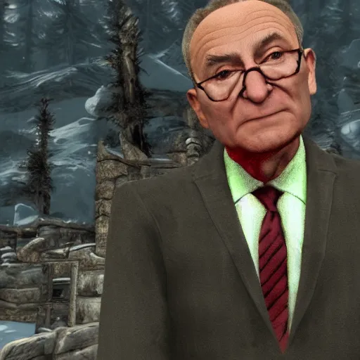 Image similar to a screenshot of chuck schumer in skyrim