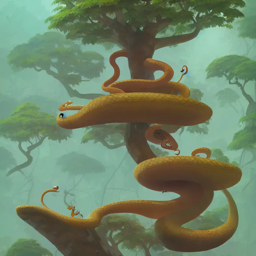 Image similar to Goro Fujita illustrating a snake with geometric figures climbing a large tree in a jungle, art by Goro Fujita, sharp focus, highly detailed, ArtStation