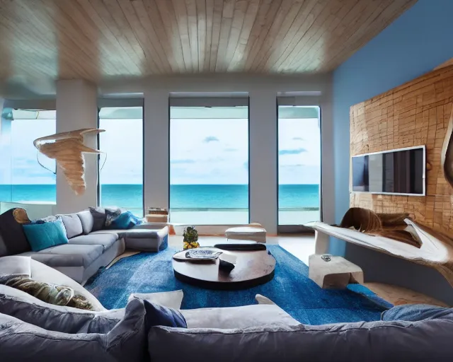 Prompt: A modern living room inspired by the ocean, a luxurious wooden coffee table with large seashells on it, 100 inch television, amazing detail, 8k resolution, blue color, calm, relaxed style, harmony, wide angle shot