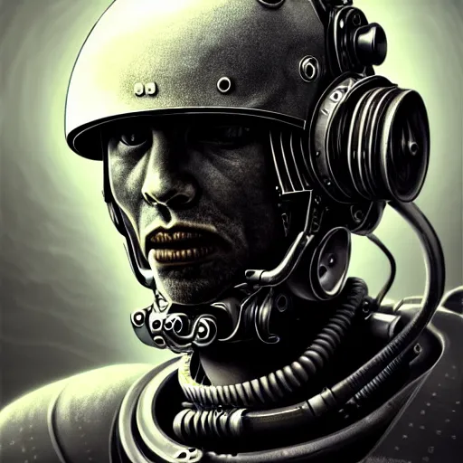 Image similar to ultra realistic, intricate detailed, painting of a single rugged cyborg male in helmet, helmet in form of star, bearded face, cyborg tech on body, symmetry accurate features, cyberpunk, industrial, very intricate details, focus, high resolution, 4 k, artstyle h. r. giger and hiraku tanaka