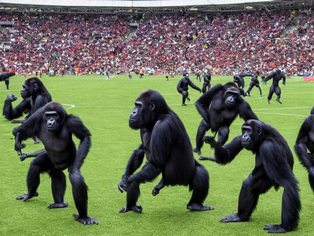 Image similar to gorillas playing a soccer game in a stadium full of people, vivid