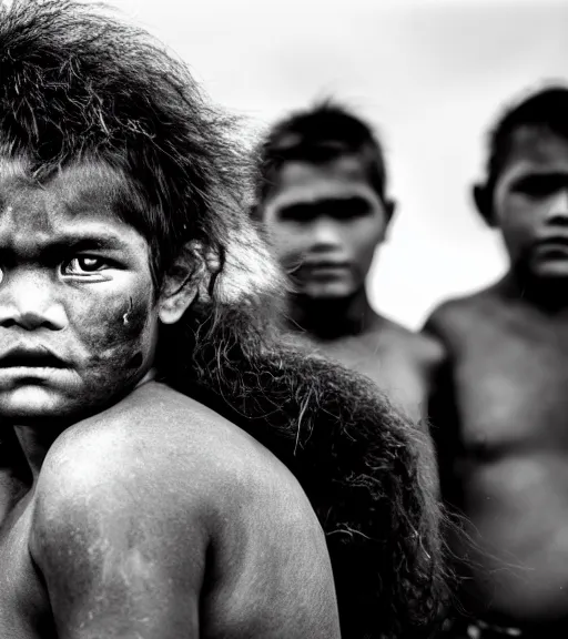 Image similar to Award winning reportage photo of Tuvalu Natives with incredible hair and beautiful hyper-detailed eyes wearing traditional garb by Lee Jeffries, 85mm ND 5, perfect lighting, gelatin silver process