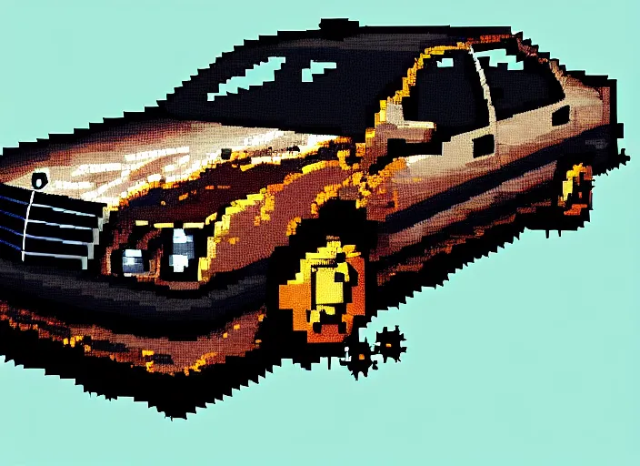 Image similar to burning wrecked mercedes 1 2 4, pixelart by kirokaze, award winning. dramatic. trending on artstation. very low quality, low resolution sync by honeybunny