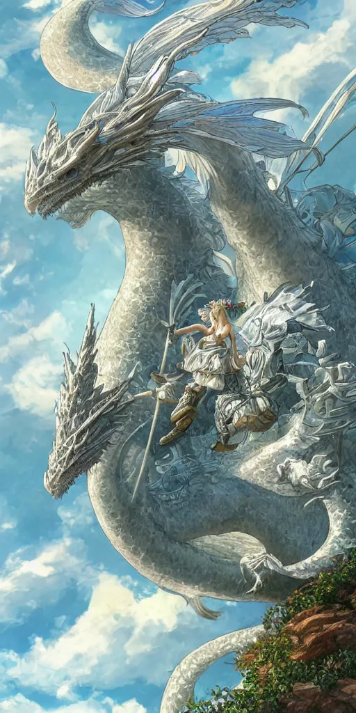 Image similar to the beautiful hyper detailed scene render that a beautiful princess sitting on the back of a huge silver white dragon alone in fairyland surrounded by white clouds, finely detailed angelic face delicate features, style of studio ghibli, makoto shinkai, raphael lacoste, louis comfort tiffany, artgerm, james jean, ross tran, animation style, hd, ultra wide angle