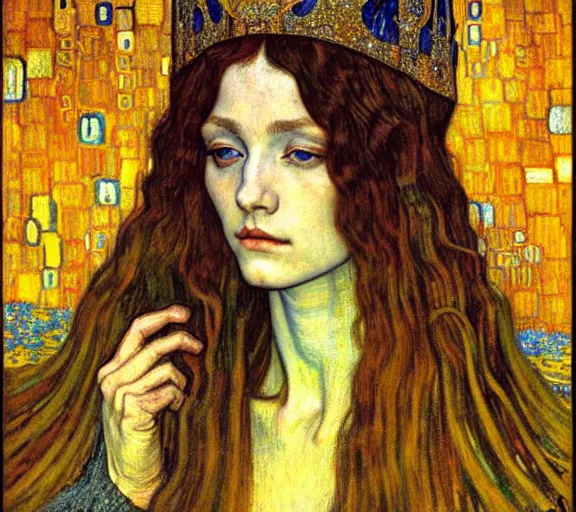 Image similar to detailed realistic beautiful young medieval queen face portrait by jean delville, gustav klimt and vincent van gogh, art nouveau, symbolist, visionary, gothic, pre - raphaelite, muted earthy colors, desaturated