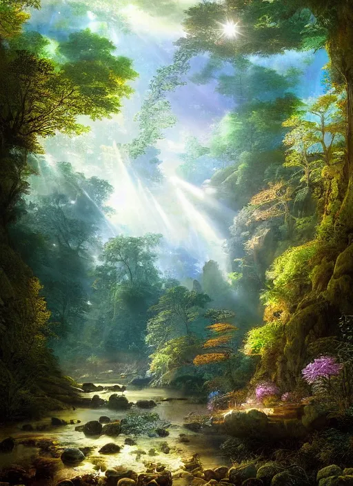 Prompt: a forest oasis, rock pools, harmony of nature, infinite dawn, angelic light, sparkling dew, epic atmosphere, by asher brown durand, by yoshitaka amano