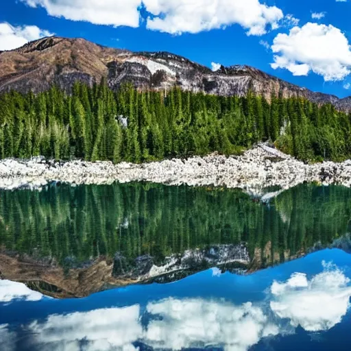 Image similar to beautiful still lake with reflective water,rocks in water, low mountains and beautiful far clouds