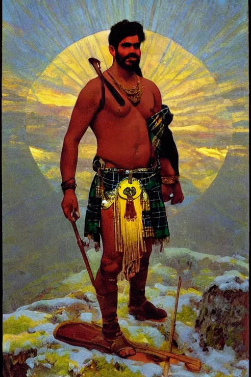 Prompt: a symmetrical homoerotic tarot card of a handsome shirtless desi adventurer wearing a scottish tartan kilt on a snowy mountain peak, by raja ravi varma. he has a wooden staff, cowboy hat, and boots. background is a stained glass golden sunrise. art deco, art nouveau. by louis comfort tiffany, by alphonse mucha by albert bierstadt. trending on artstation.