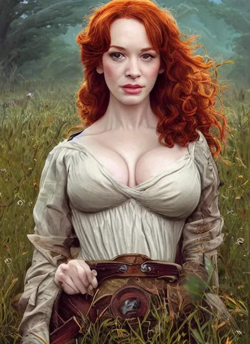 Image similar to Christina Hendricks taking a rest in a meadow after an long adventure, a ruggedly muscled handsome heroine, intricate, elegant, highly detailed, centered, digital painting, artstation, concept art, smooth, sharp focus, illustration, artgerm, donato giancola, Joseph Christian Leyendecker, WLOP, Artgerm, thunder storm