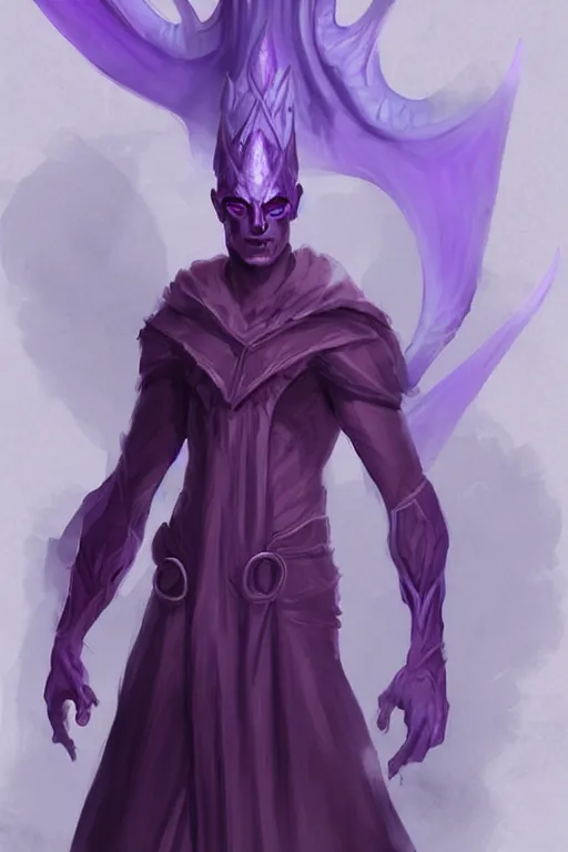 Prompt: djinn man male demon, full body purple cloak, character concept art, costume design, illustration, white horns, warlock, trending on artstation, Charlie Bowater, WLOP