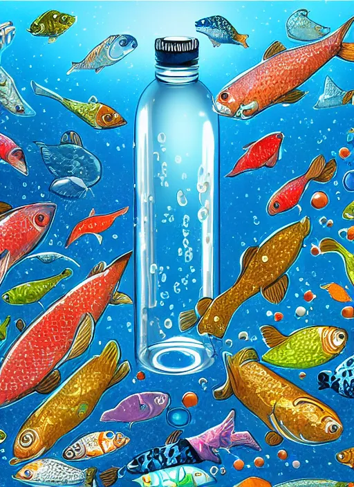 Image similar to the universe in a bottle of water filled with fishes, trending on art station, very detailed, detailed background