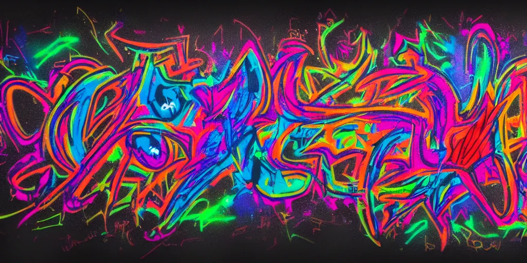 Image similar to a single gritty psychedelic graffiti art piece sprayed on a black background and surrounded by darkness, concept art, 4 k, unreal render, octane, trending on artstation, graphic design, dark color scheme