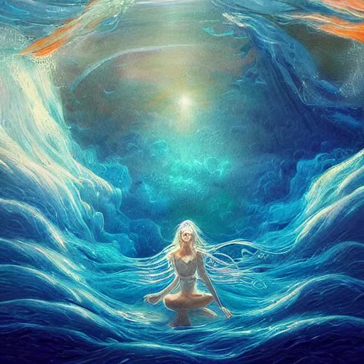 Prompt: hypnotic sea goddess, beautiful composition, wide angle, colorful, cinematic, volumetric lighting, intricate details painting