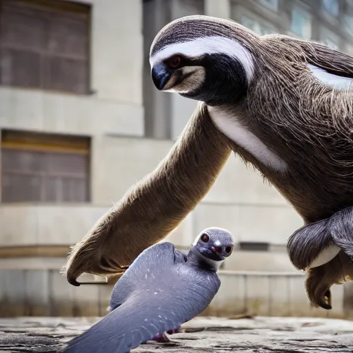 Prompt: sloth fighting a pigeon kung fu style standing, facing each other, aggressive sloth vs a muscled pigeon, best photo award, high quality 8 k, cinematic lighting