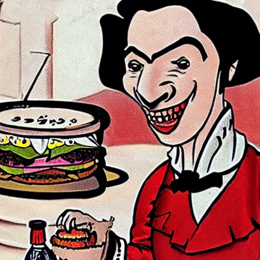 Prompt: Count Dracula cooking hamburgers