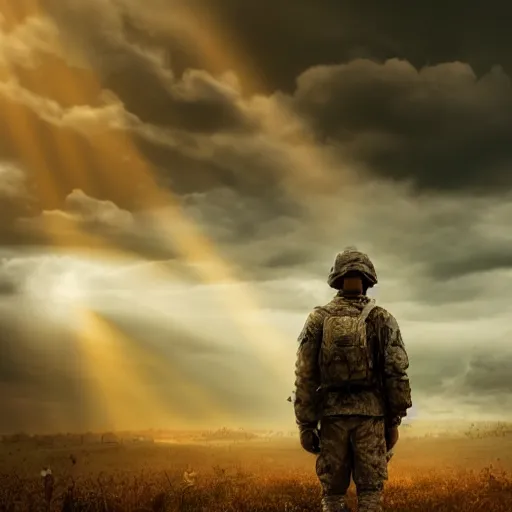 Prompt: the last soldier standing on the battle field, photorealistic, dramatic, award-winning, realism, dramatic, bloom, back lit, god rays, dark, 8k