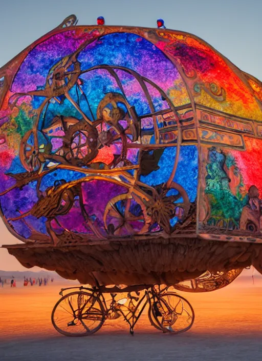 Image similar to burning man art car, sunset, 4 k