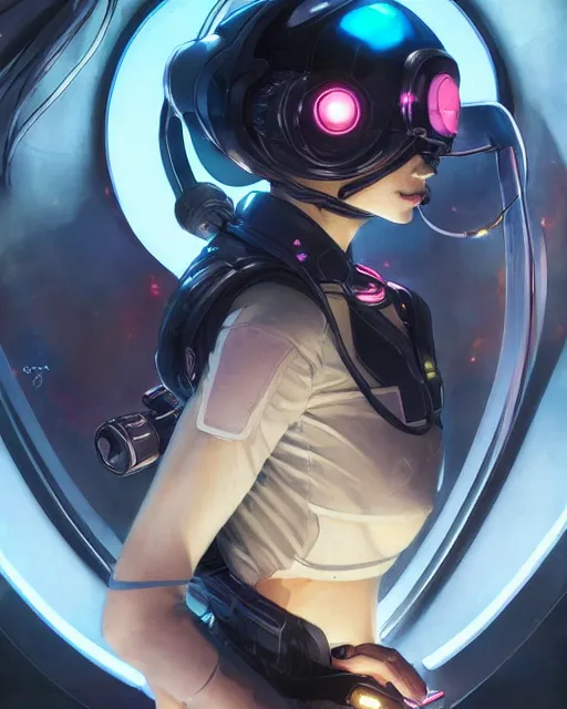 Image similar to anime visual of a female astronaut, neon, cyberpunk, black futuristic suit, stunning, highly detailed, digital painting, artstation, smooth, soft focus, illustration, art by artgerm and greg rutkowski and alphonse mucha