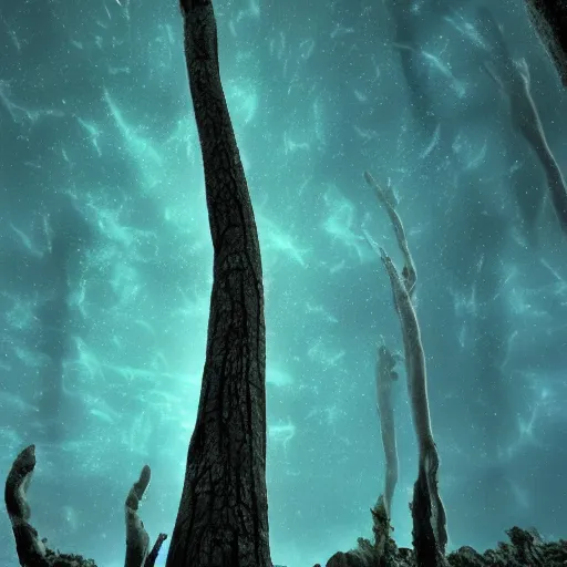 Image similar to surface of an alien planet with twisted trees t