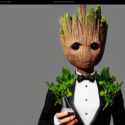 Image similar to realistic groot as a gentleman wearing tuxedo drinking wine on a studio shot, digital art, trending on artstation, behance, octane, intricate, ornate, photorealistic, hyper realism, high detail, movie shot, studio lighting, 8 k, vivid colors, smooth gradients, cinematic