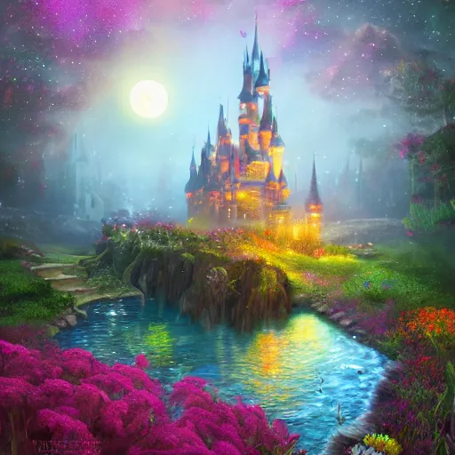 Image similar to a single glittering fairy castle at night, a full moon, water and colourful flowers, extremely detailed oil painting, unreal 5 render, fantasy digital art, octane render, beautiful composition, trending on artstation, award-winning photograph, masterpiece