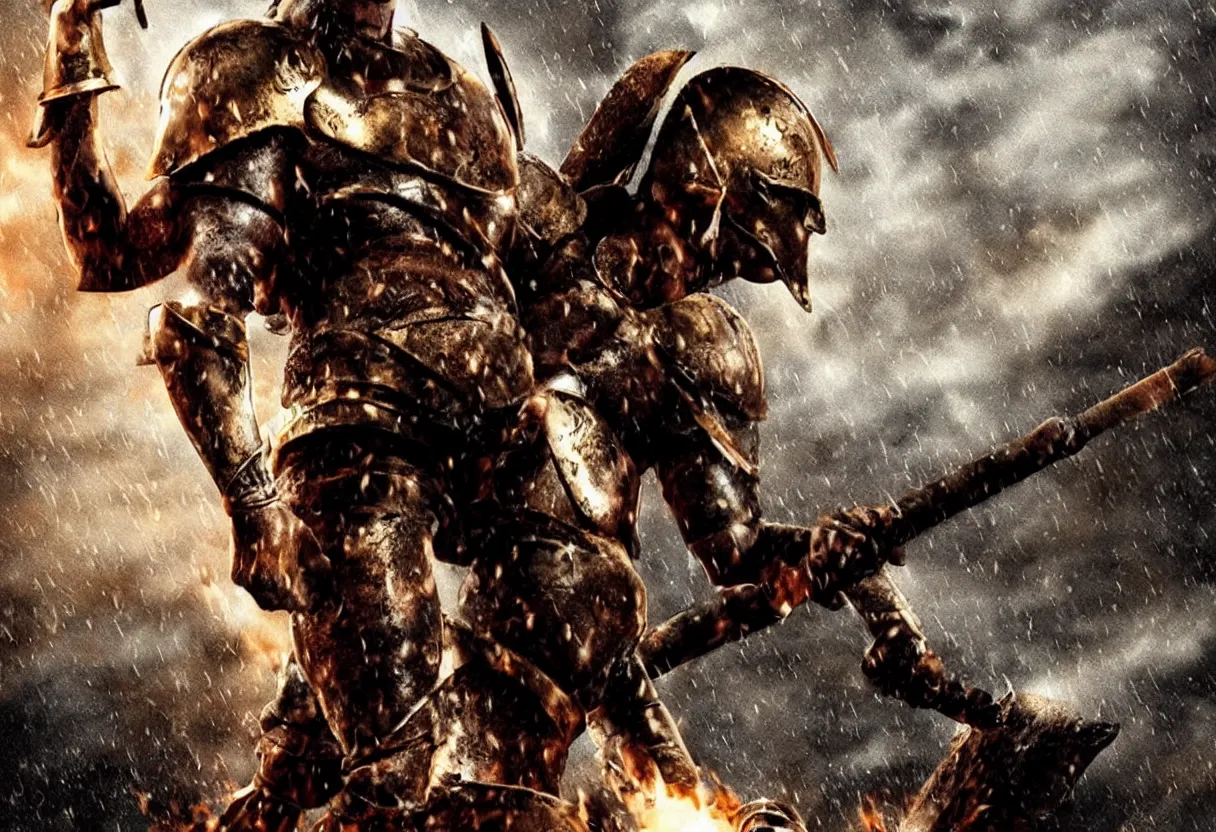 Image similar to leonidas 3 0 0 spartan zack snyder gold copper helmet battle scarred artwork battle epic proportions background dark skies raining fire