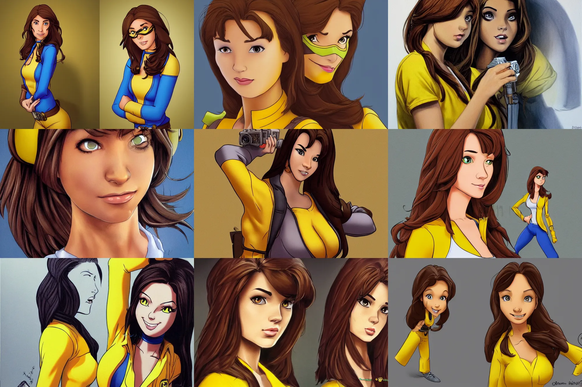 Prompt: beautiful brown hair female reporter in a yellow jumpsuit character april o ’ neil from animated series teenage mutant ninja turtles ( tmnt 1 9 8 7 ), hyperrealism, full body photogenic shot, by in the style of comics, cute - fine - face, pretty face, realistic shaded perfect face, fine details by boris valejo, trending on art station