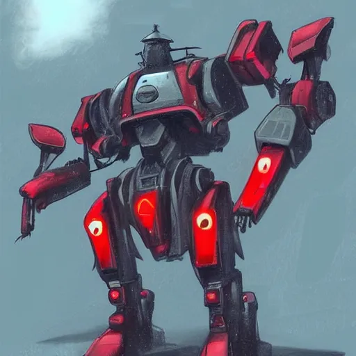 Prompt: concept art of aver sad heavy fat mech, red with a yelow star and made witth metal, looking down and bored, rain, photoshop, trending on artstation by alex ichim and evan leep and salvatorre yazzie, # mechanical design, # mecha, # digital 2 d, # character design