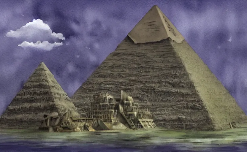 Image similar to a realistic and atmospheric cell - shaded watercolor concept art from howl's moving castle ( 2 0 0 4 ) of a sci - fi city and an egyptian pyramid complex in a flooded rainforest. very dull muted colors, hd, 4 k, hq