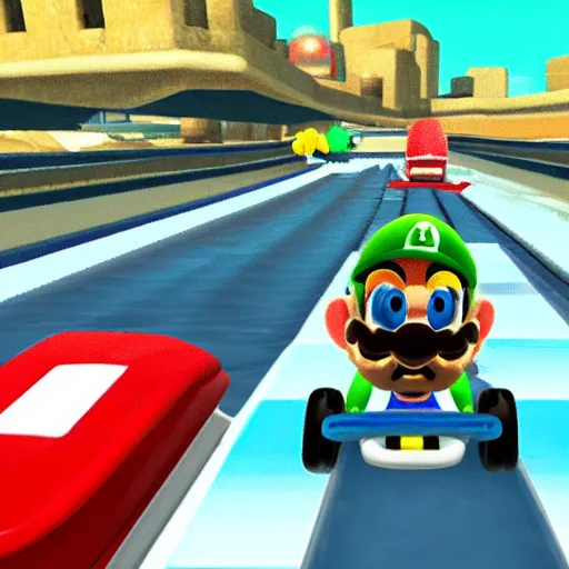 Image similar to Walter White in Mario Kart driving trailer car, game screenshot