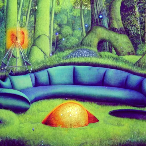 Image similar to psychedelic couch sofa in the lush forest, milky way, designed by arnold bocklin, jules bastien - lepage, tarsila do amaral, wayne barlowe and gustave baumann, cheval michael, trending on artstation, mediterranean, star, sharp focus, colorful refracted sparkles and lines, soft light, 8 k 4 k