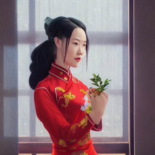 Prompt: portrait of chinese lady in cheongsam, highly detailed vfx portrait, unreal engine, greg rutkowski, loish, rhads, caspar david friedrich, makoto shinkai and lois van baarle, ilya kuvshinov, rossdraws, elegent, tom bagshaw, alphonse mucha, global illumination, detailed and intricate environment