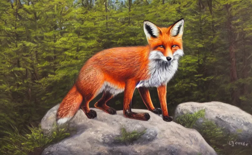 Prompt: a highly detailed fox sitting on a rock in the woods looking at the camera while the sun is shining, oil painting