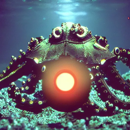 Image similar to a robot cyborg octopus, half octopus half machine, glowing eyes, underwater, murky, dark, ominous, film still, arriflex 3 5