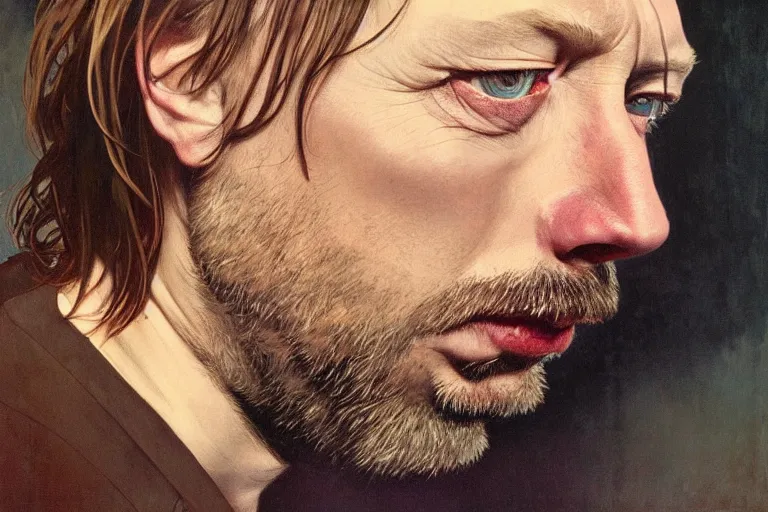 Image similar to hyper realistic portrait of rounder faced thom yorke, bigger nose, bigger chin, sideview, on a stage, by lee bermejo, alphonse mucha and greg rutkowski